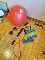 Lot overview showing red exercise ball, resistance tube, dumbbells and ankle weights