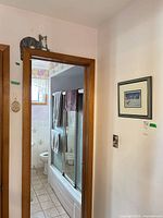 Overall view showing framed print, cat figurine on door and oval cross-stitch