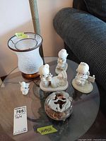 Overall lot showing lamp, three Precious Moments figurines, small cherub, potpourri bowl