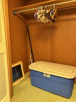 Overview of Rubbermaid tote, hangers on closet rod, mirror leaning against wall