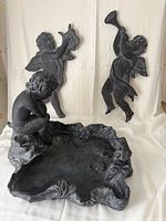Overall view showing both cherub plaques, pond tray, and seated faun figure