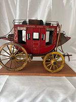 Side view of stagecoach model showing body, wheels, suspension and base