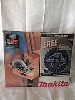 Retail carton showing Makita 7-1/4" circular saw image and blade details