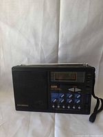 Front view of Sangean ATS-F3 radio showing speaker, display, controls, brand logo