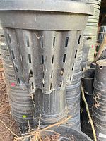 Stack of slotted black plastic air-pruning pots close-up