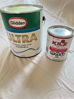 Front view of both paint cans displaying labels and sizes