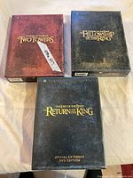 Front view of three Special Extended Edition DVD box sets for The Two Towers, The Fellowship of the Ring and The Return of the King