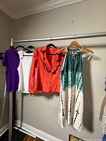 Four garments hanging on rack showing overall lot contents