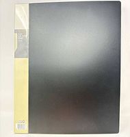 Front view of black plastic portfolio with factory label