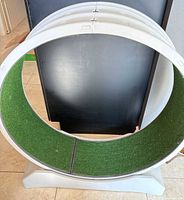 Front view of assembled gray cat exercise wheel showing green carpet interior and gray base