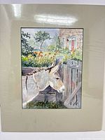 Donkey at garden gate artwork showing mat and wrap