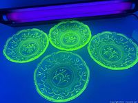Four dessert plates glowing under UV light
