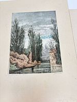 Vertical etching of riverside landscape with poplar trees and building, signature visible on mat