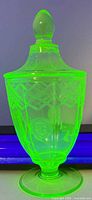 Candy dish with lid glowing bright green under UV light