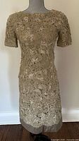 Front view of taupe lace dress on mannequin