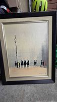 Framed oil painting showing London parade scene, signature visible