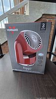 Front view of sealed Vornado Flippi fan box showing product image and features