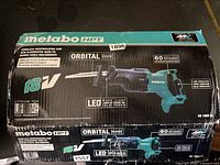 Retail box showing Metabo HPT 18V cordless reciprocating saw specifications