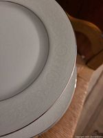 Close-up of plate showing embossed floral pattern and silver rim