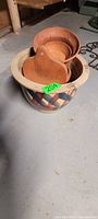 Overall view of ceramic planter containing two terracotta pots