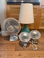 Front view of three fans and table lamp showing overall condition