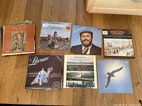 Six LP covers including Liszt, Handel, Luciano Pavarotti, Liberace, rural scene album, Xavier