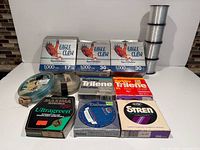 Overview of all packaged and loose fishing line spools