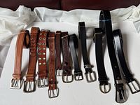 All eleven belts laid out showing colors, styles, buckles