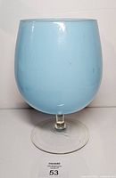 Full frontal view of blue cased Empoli snifter on clear stem