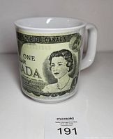 front view showing Queen Elizabeth II side of banknote design on mug