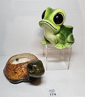 Front view of frog and turtle planters
