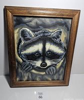 Full front view of framed raccoon paint-by-number artwork