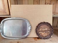 Stainless steel tray, wooden plaque, linen pin board group shot
