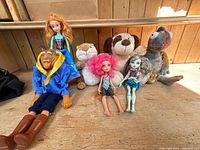 All seven items displayed together on wooden bench