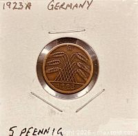Obverse view of 1923 A German 5 Rentenpfennig coin showing wheat-sheaf design in holder