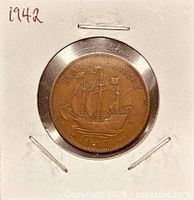 Reverse of 1942 half penny showing Golden Hind ship and HALFPENNY legend