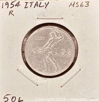 Full view of reverse showing Vulcan, date 1954, denomination L.50 and mint mark R within cardboard flip