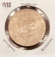 Obverse showing portrait, denomination CINCO PESOS and date 1973
