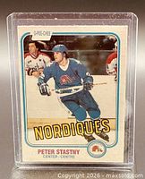 Front view of 1981-82 O-Pee-Chee Peter Stastny rookie card in holder