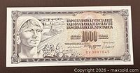 Obverse of 1981 Yugoslavia 1000 dinara note showing portrait, agriculture imagery and denomination