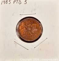 Coin in holder front view showing reverse maple leaf and 1985 date