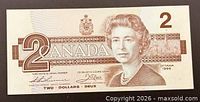 Full obverse of 1986 $2 bill featuring Queen Elizabeth II and large '2'