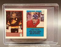 Front view of mini sticker card showing images of Larry Melnyk and Chris Chelios