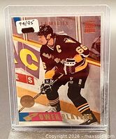 Front of 1993-94 Topps Stadium Club Mario Lemieux card in holder