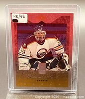 Front view of 1995-96 Fleer Metal International Steel Dominik Hasek card in holder