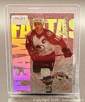 Front of 1996-97 Topps Fantasy Team Joe Sakic card in sleeve