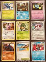 Front view of all nine Pokémon cards in binder sheet