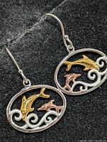 Front view showing both earrings with dolphin and wave details