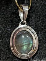 Front view of silver pendant showing labradorite cabochon and bezel setting