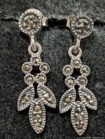 front view of earrings showing marcasite stones and design